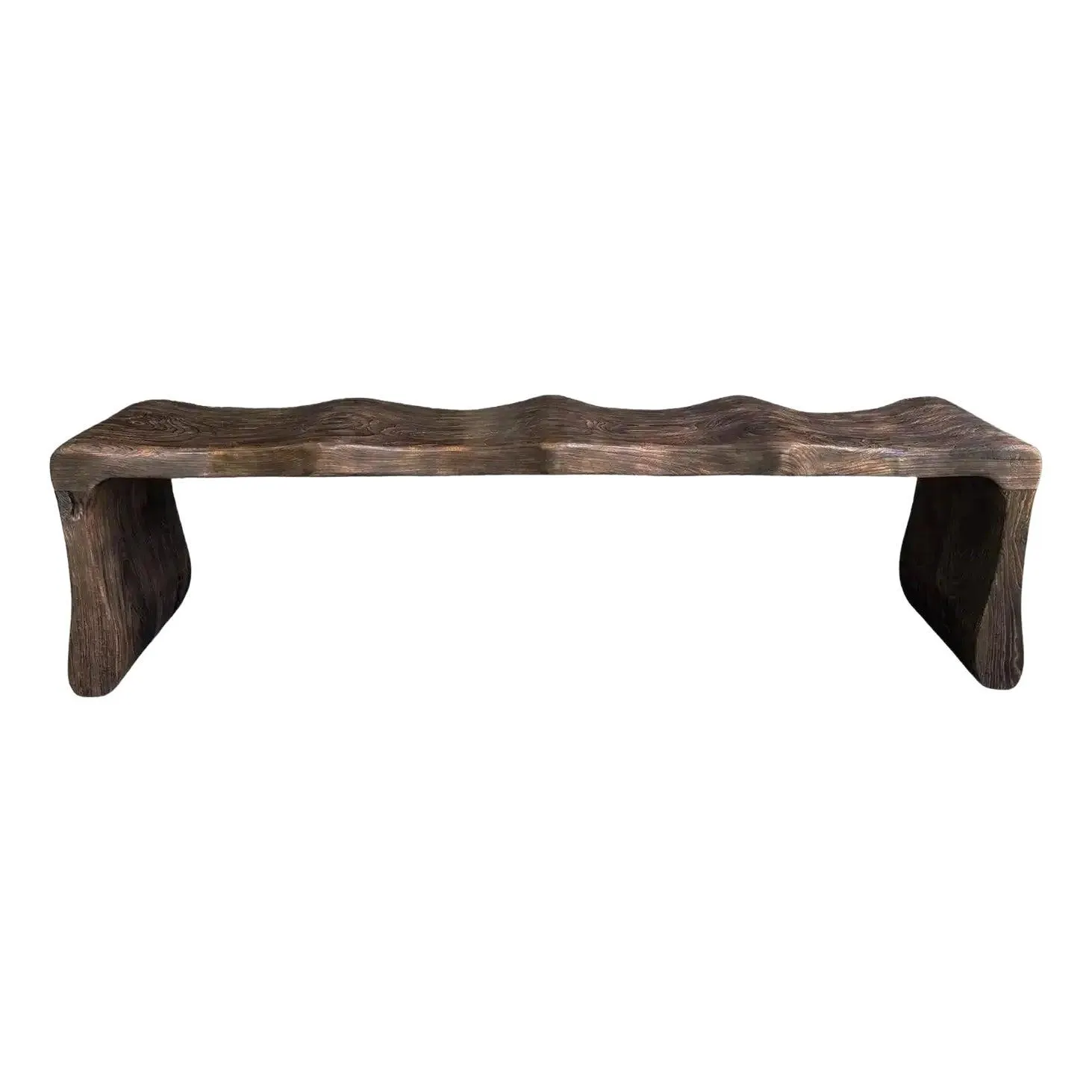 Sculptural Dark Brown Teak Wood Bench
