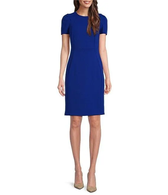 Short Pleated Sleeve Crew Neck Sheath Dress