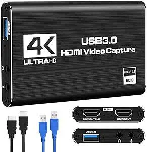HDMI Video Capture Card 1080P 60FPS, USB 3.0 Game Capture Device, Compact & Portable for Streaming, Gaming, and Meetings, Compatible with Switch/PS4/PS5/PC/Laptop/OBS, Black