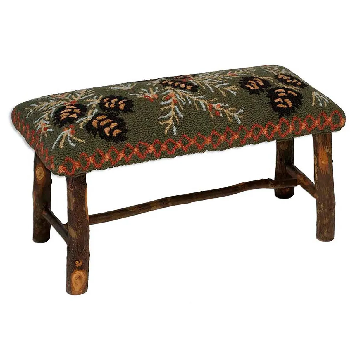 Medium Pine Cone Hand-Hooked Wool and Hickory Bench