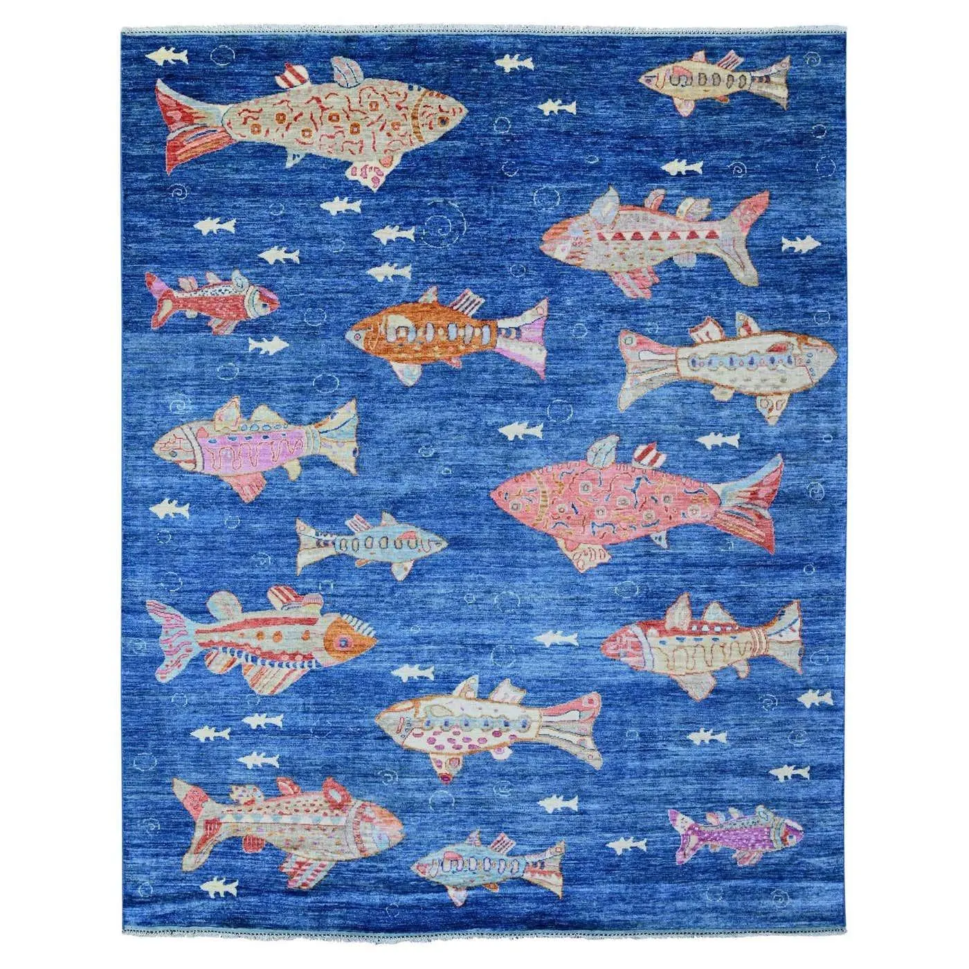 8'x10' Grotto Blue Hand Knotted Peshawar Oceanic Fish Design Vibrant Wool Rug
