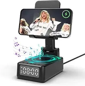 Birthday Gifts for Men Women,6-in-1 Cell Phone Stand Holder with Wireless Bluetooth Speaker & Wireless Charger,Alarm Clock for iPhone,HD Surround Sound Portable Bluetooth Speaker Gifts for Him Her