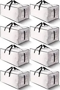 8 Pack Large Strong Moving Bags with Zippers & Carrying Handles - Water-Resistant - Heavy Duty Storage Tote for Space Saving, Fold Flat, Alternative to Moving Box (Semi-Transparent)