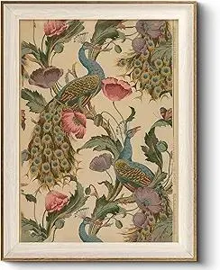 HUARCEY Framed Canvas Wall Art Vintage Peacock, vine with poppies floral Print Decor, Peacock Art Print Bird Wall Art 12x16 inch, for Bedroom Bathroom Living Room Decor