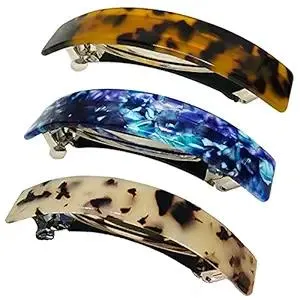 Large French Barrettes for Women Fine Thick Hair, Classic Tortoise Shell Hair Clips Wide Curved Celluloid Ponytail Holder Clamp Fashion Hair Accessories Automatic Clasp Hairgrips 3 Pack