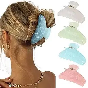 4Pcs Large Acrylic Hair Claw Clips - Hair Clips with Strong Hold for Thick Hair, Non-slip Banana Barrettes for Women Girls (Shell: light green/white/pink/blue)