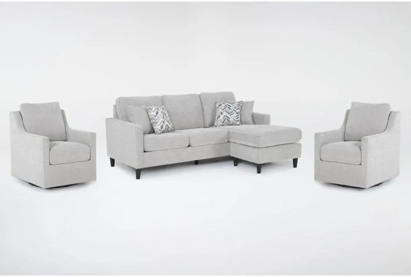 Stark Light Grey Fabric Sofa with Reversible Chaise & 2 Light Grey Fabric Swivel Armchairs