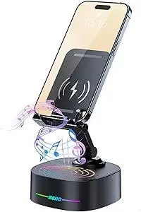 Bluetooth Speaker with Wireless Charging and Cell Phone Stand,Best Speaker Stand for iPhone/iPad/Samsung Galaxy,HD Surround Sound Perfect for Home and Outdoors,Creative Gift (Black)
