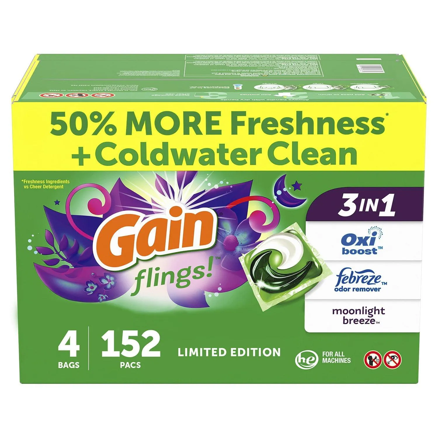 Gain Flings! Laundry Detergent Pacs, Moonlight Breeze, 152 ct.