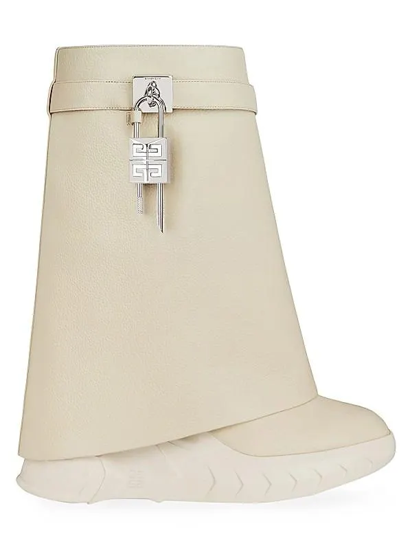 Shark Lock Biker Low Heel Ankle Boots in Grained Leather