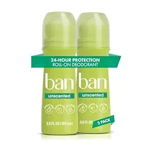 Ban Invisible Roll-on Antiperspirant Deodorant for Women and Men, 24-hour Underarm Odor & Sweat Protection, Unscented, 3.5 Oz, Pack of 2