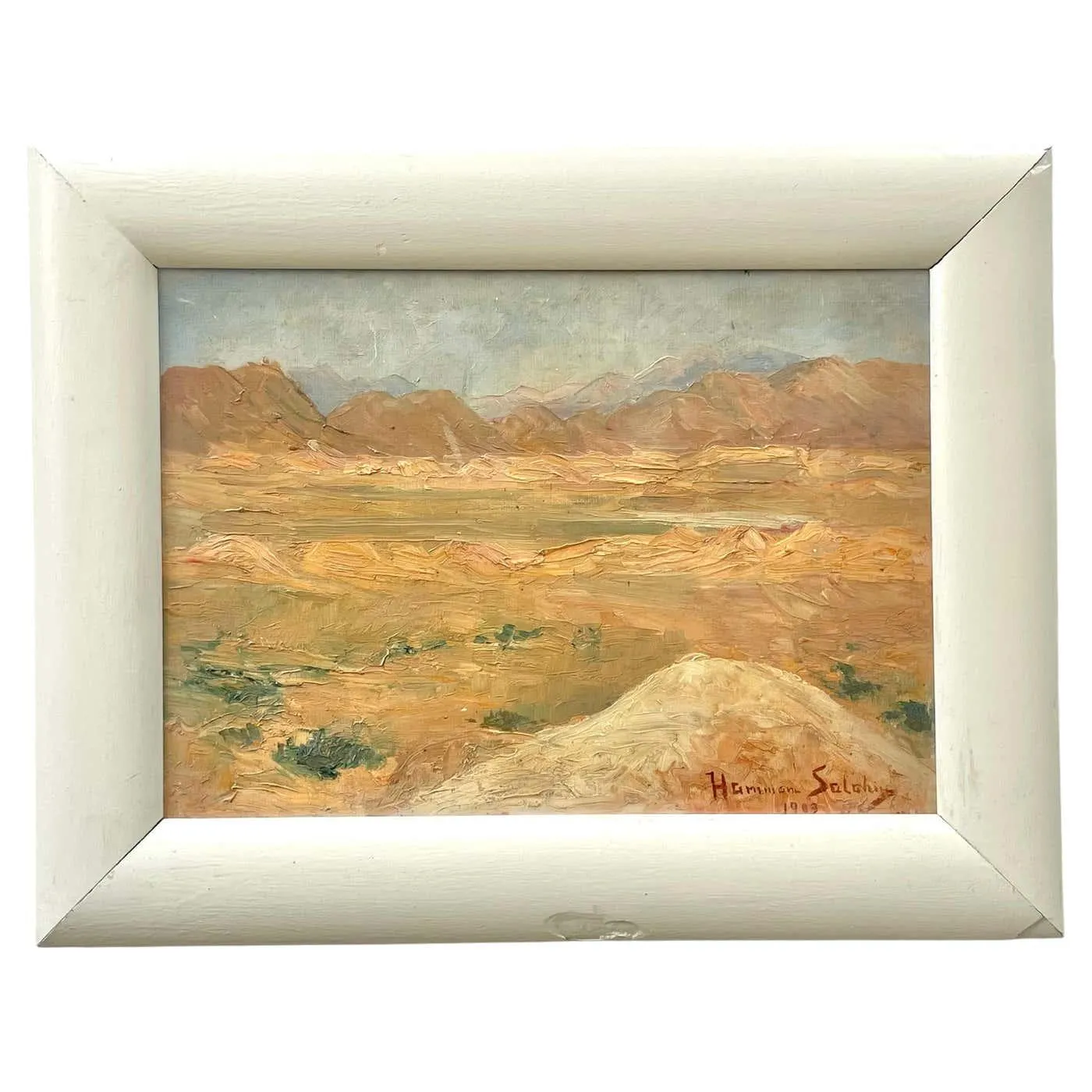 Antique early 20th century landscape oil painting of desert landscape