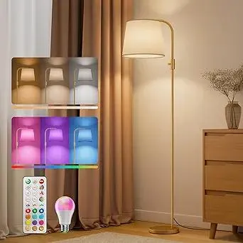 Dimmable Arc Floor Lamp, 1200 Lumens RGBCW Color Change Bulb Included, Standing Lamp with Linen Shade, 65" Tall Lamp with Remote for Living Room, Bedroom, Office, Dining Room, Kitchen, Gold