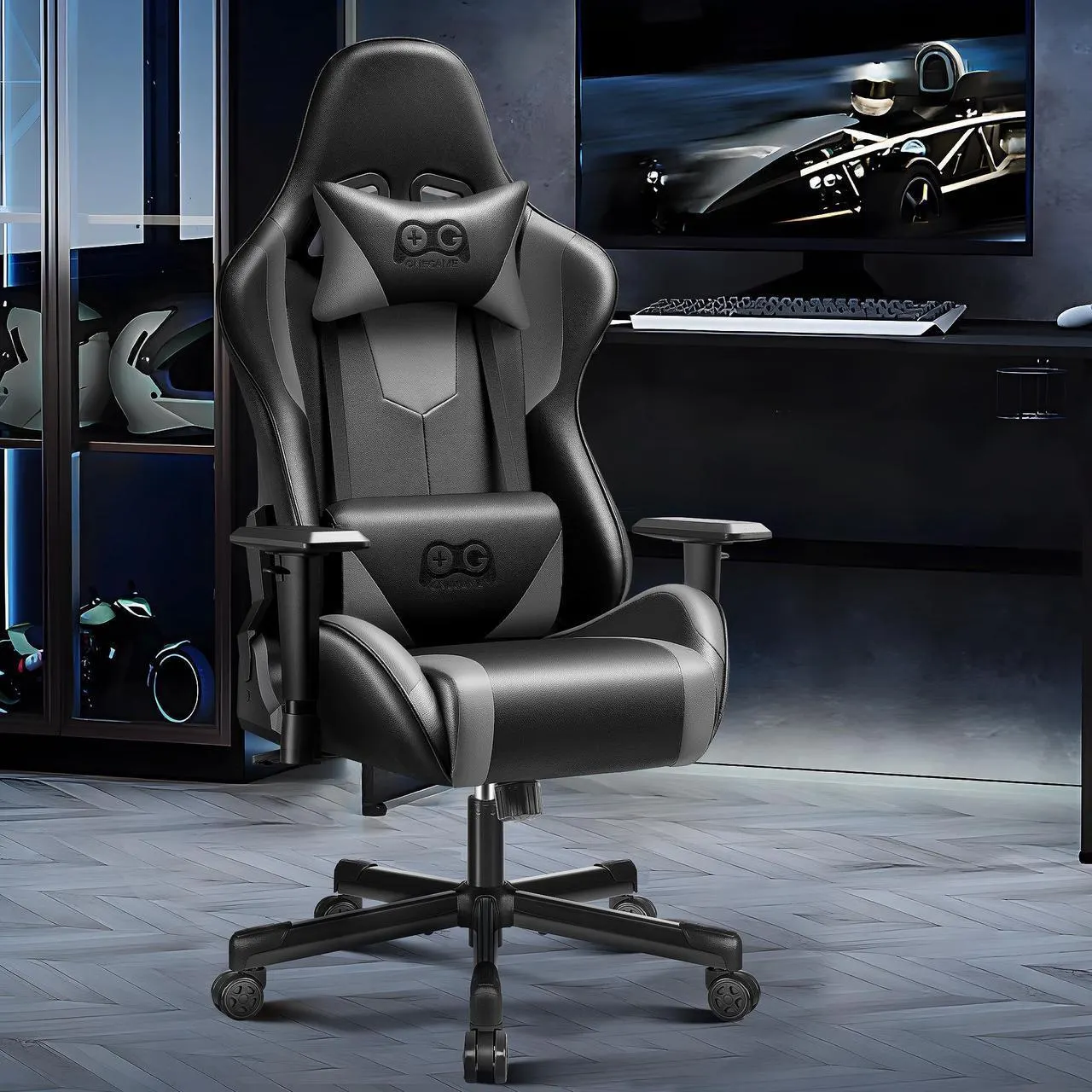 KERDOM Ergonomic Gaming Chair, PU Leather Gamer Chair Racing Style Internet bar Game Chair, Adjustable Backrest, Swivel, Lumbar Support Gamer Chair - Black / Grey