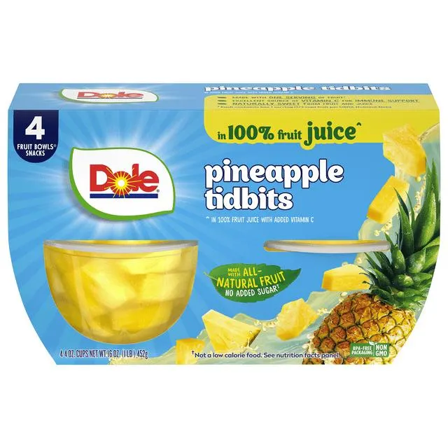 Dole Fruit Bowls, Pineapple Tidbits in 100% Pineapple Juice, 4 Ounce (4 Cups)