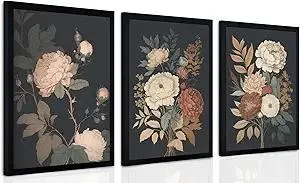 arfitest Vintage Floral Wall Art Dark Plant Canvas Wall Decoration Farmhouse Print Black Peony Painting Wall Decoration Moody Artwork For Living Room Bedroom 12x16 Inch Frame Three-Piece Set