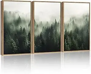 SHENIFY Green Fog Pine Tree Forest Canvas Wall Art 11x14in Framed Modern Artwork Prints Decor