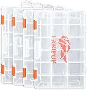 LARIPOP Fishing Tackle Box Set with Adjustable Dividers, Transparent Organizer Tray, Plastic Tool Box, Bait Separator -Angler's equipment lure box - 4 Packs Tackle Trays - Parts Box
