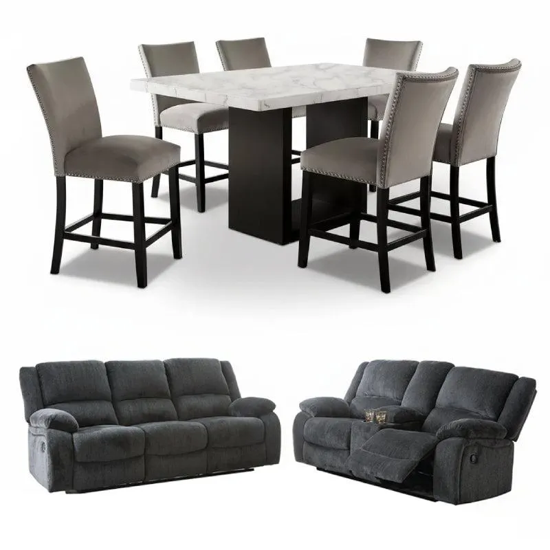 Bundle: Pub Set Falcon Dining Table Set - Gray + Lawrence Motion Sofa and Love Seat by Best Home - Blue
