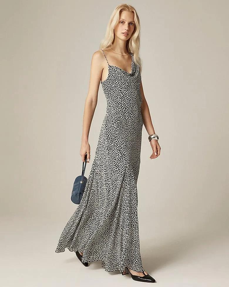 Collection asymmetrical cowlneck dress in spot-print chiffon