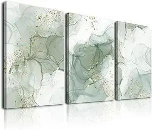 Sage Green Wall Art Set of 3,Abstract Green Wall Decor Living Room,Minimalist Modern Framed Wall Art Marble Line Beige Gold Green Canvas Artwork Paintings,Boho Room Decor,Bedroom Bathroom Office Artwork,12"x16"
