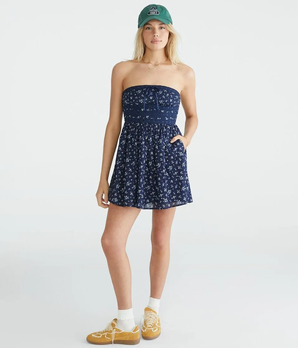 Floral Strapless Swiss Dot Mini Dress