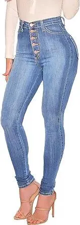 FISCLOSIN Womens High Waist Stretch Jeans 5 Button Push Up Butt Lifting Skinny Colombian Jeans