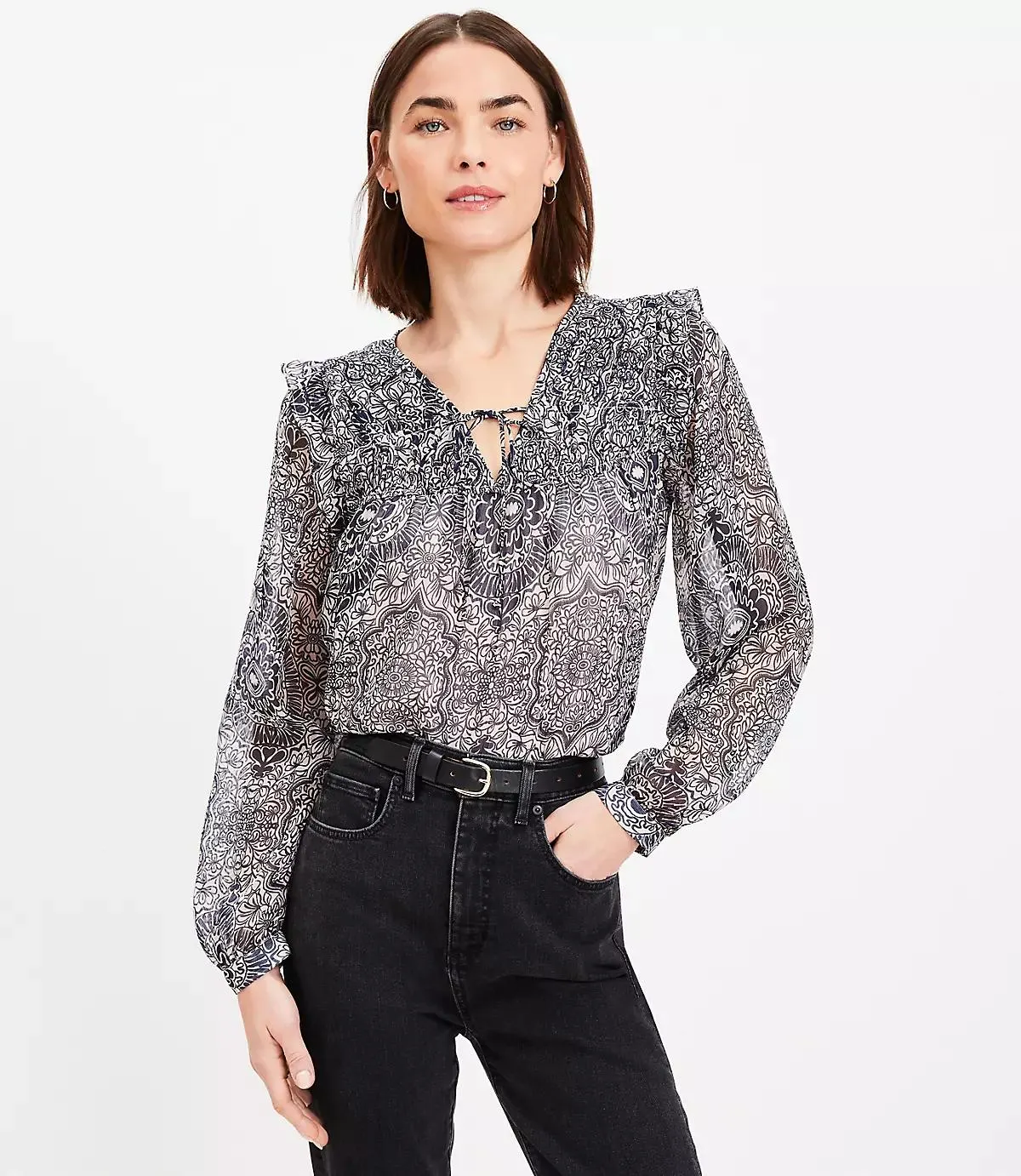 Ornamental Floral Shirred Tie Neck Blouse
