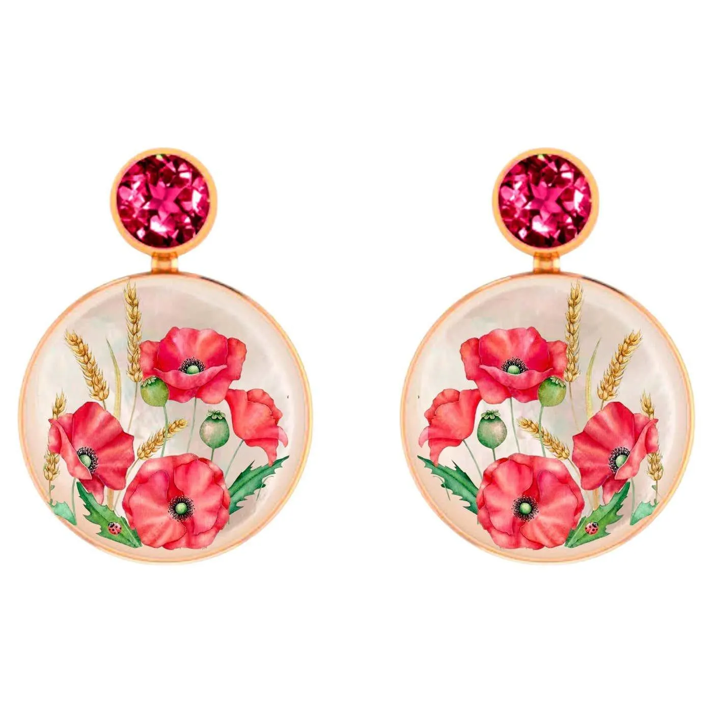 Mother Of Pearl Shell Stud Earrings with garnet and poppy flowers painting.