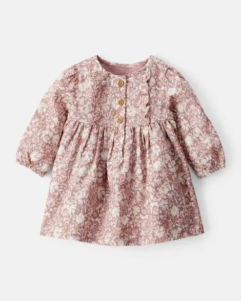 Baby Girl Floral Cotton Long-Sleeve Dress - Pink
