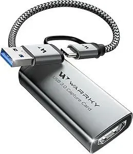 WARRKY Video Capture Card, HDMI to USB 3.0 A and USB C Capture Device, 4K Input 1080P 60FPS with Low Latency for Streaming and Recording Game, Compatible with iPad, Quest 3, PS5/4, Switch2/1, Camera