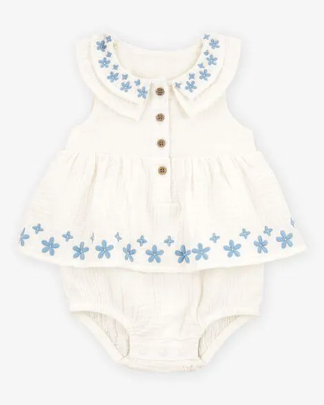 Baby Floral Embroidered Bodysuit Dress - Ivory