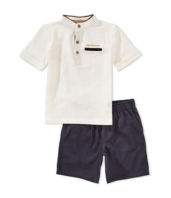 Little Boys 2T-7 Short Sleeve Pigue Henley Neck T-Shirt & Washed Twill Shorts 2-Piece Set
