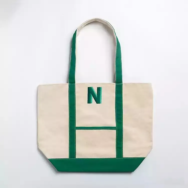Green Embroidered Monogram N Boat Tote
