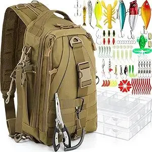 85 Pcs Fishing Backpack with Tackle Boxes, Tackle Sling Bag with Rod Holder, Fish Lures Kit and Pliers Set, Christmas Fishing Gift for Men Women