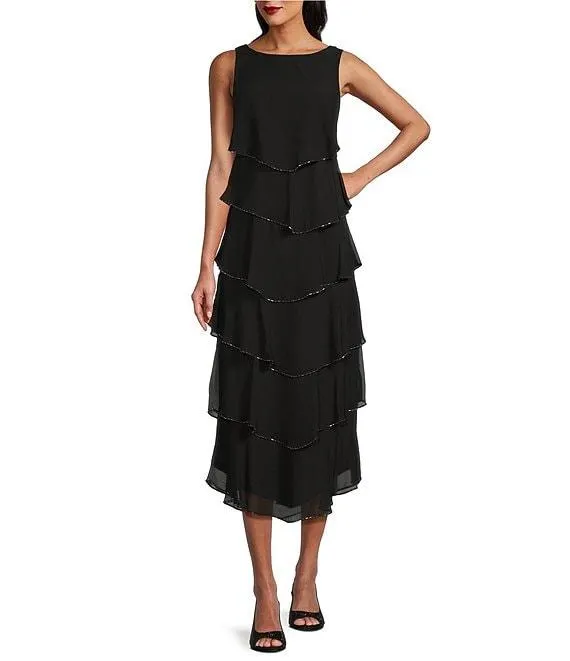 Scoop Neck Sleeveless Tiered Chiffon Midi Dress