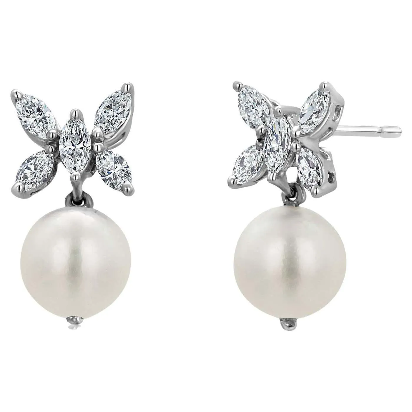 18K White Gold Marquise Shaped Diamond Butterfly Cluster and Pearl Drop Earrings