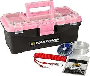 Wakeman 55-Piece Fishing Tackle Set - Tackle Box Includes Sinkers, Hooks, Lures, Bobbers, Swivels, Fishing Line, and More - Fishing Gear (Pink)