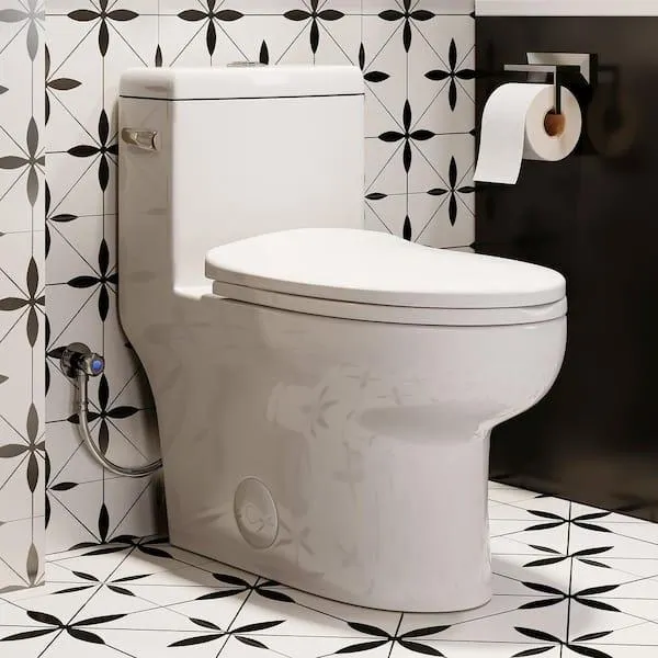 1-Piece 1.28 GPF Single Flush Elongated High Efficiency WaterSense Toilet in White, Soft Close Seat Included