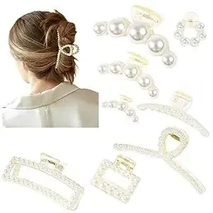 Pearl Hair Accessories for Women - 8PCS Claw Clips for Thick and Thin Hair, Barrettes for Styling and Weddings