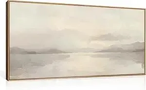 LHIUEM Large Abstract Neutral Beige Pastel Framed Canvas Wall Art,Modern Watercolor Lakes Wall Decor,Nature Mountain Minimalist Artwork for Living Room,Bedroom,Dining Room,Office -20"x40"x1