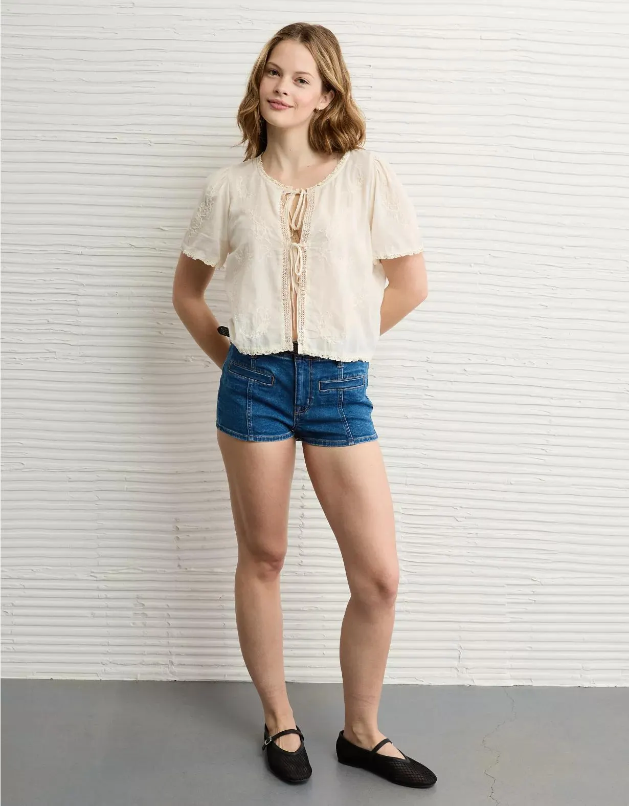 AE Short-Sleeve High Neck Tie Front Shirt