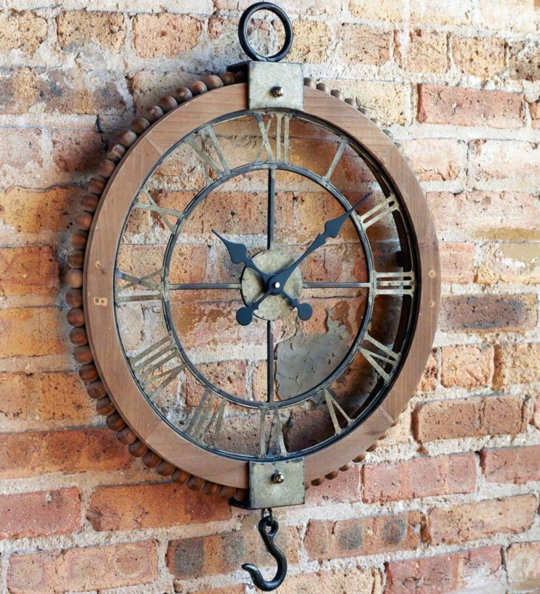 Open Face Industrial Wall Clock with Hook Accent 22"
