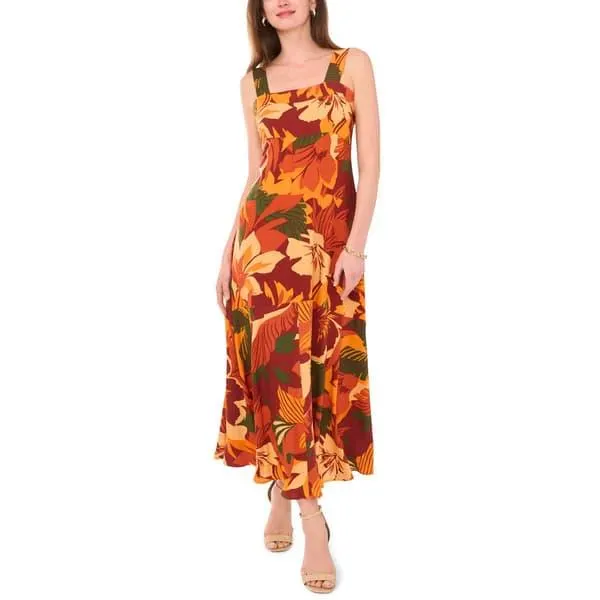 Womens MSK Sleeveless Leaf Challis Smock Back Maxi Dress