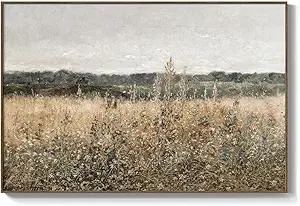 Framed Vintage Landscape Canvas Wall Art for Living Room Bedroom - Large Rustic Modern Farmhouse Meadow with Flowers Picture, Cottagecore Nature Art Decor for Dining Hallway Office, 24x36 Inch