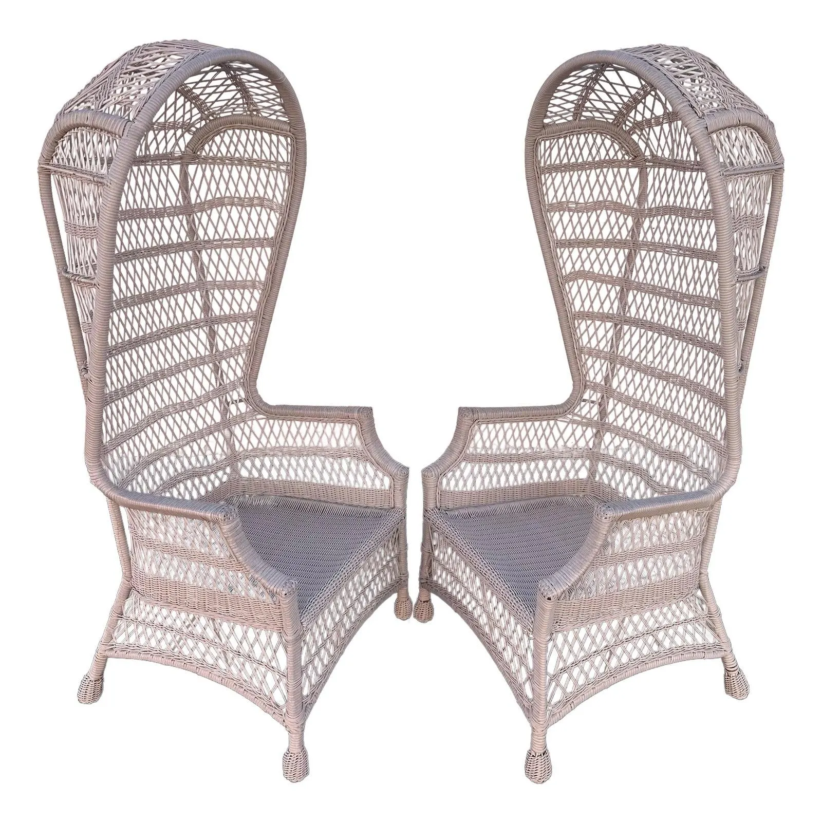 Mid-20th Century Restored Rattan Wicker Hooded Dome Lounge Chairs - A Pair