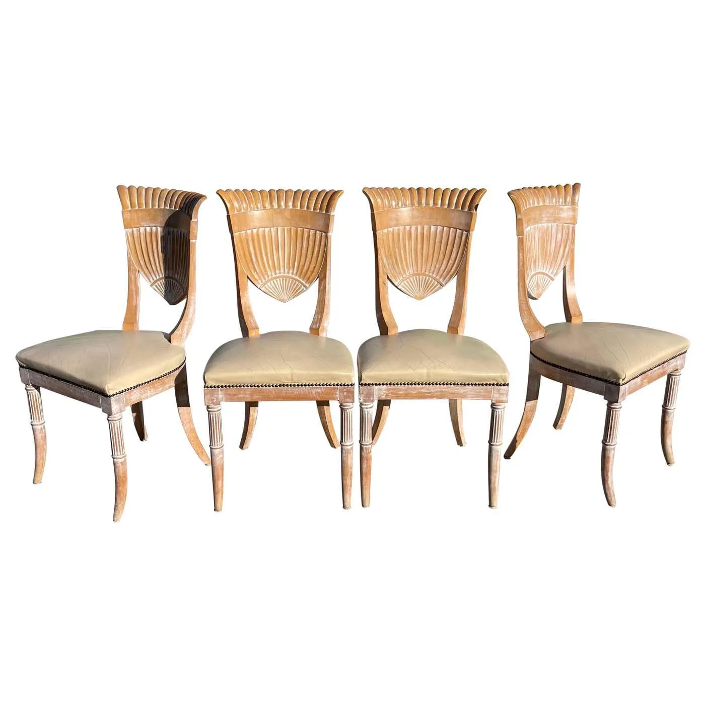 Italian Grotto Style Shield Scallop Shell Back Cerused Wood Chairs, Set of 4