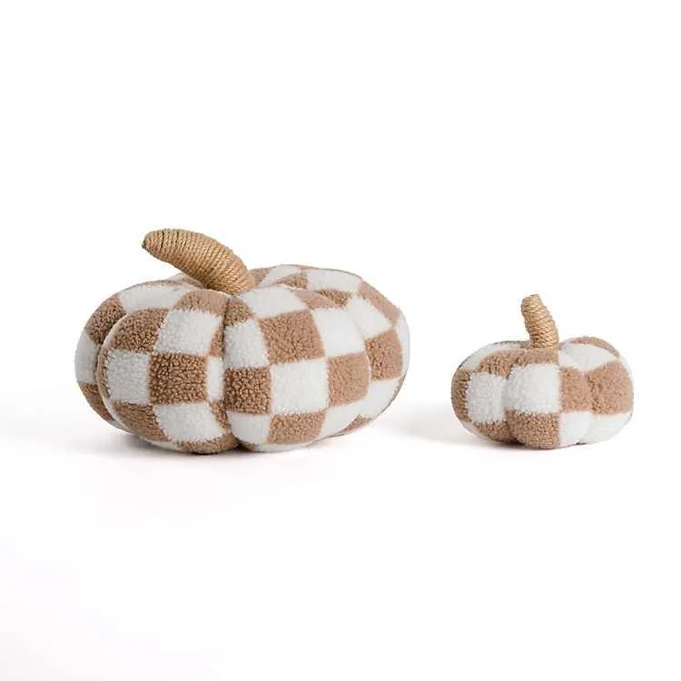 Brown Plush Checkered Pumpkins, Set of 2