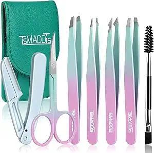 TsMADDTs 7PCS Tweezers for Women Facial Hair, Precision Tweezer Set for Eyebrows with Curved Scissor and Eyebrow Razor for Ingrown Hair