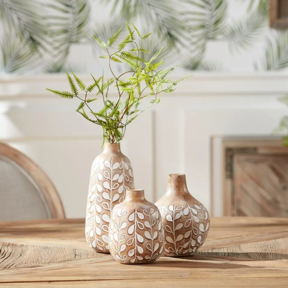 Leaf Print Vase with Wood Design, Set of 3